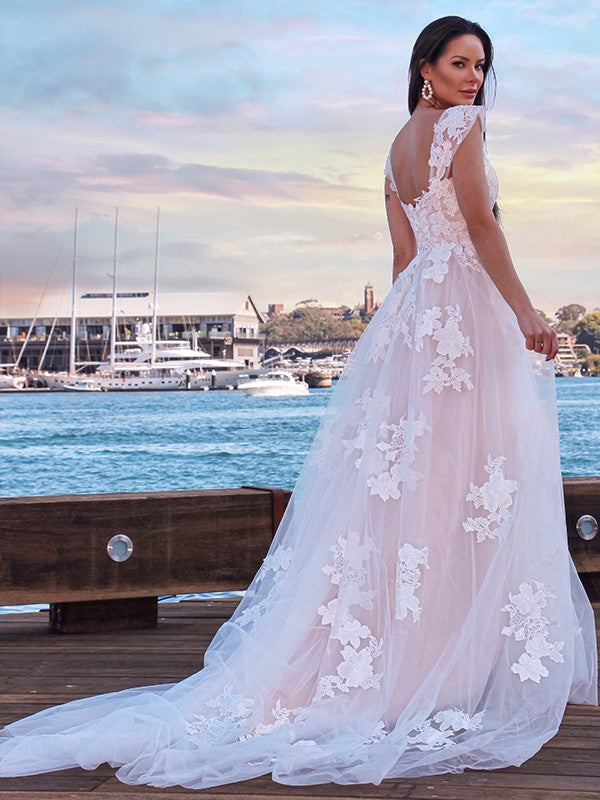 Wholesale A-Line/Princess Tulle Applique Off-the-Shoulder Sleeveless Sweep/Brush Train Wedding Dresses
